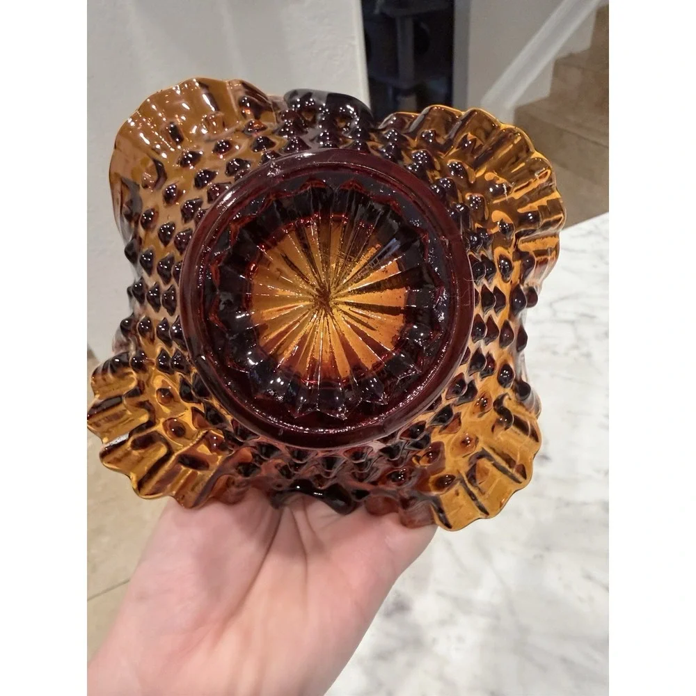 Vintage Amber Hobnail Glass Basket Ruffled Edge Brown Applied Handle Art Glass